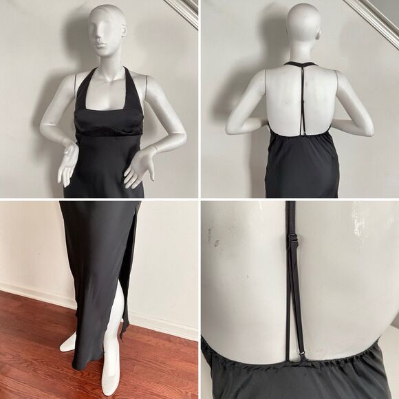 Free People Dress M Black Square Neck Halter Happy Hour Slit Side Midi - Picture 9 of 13